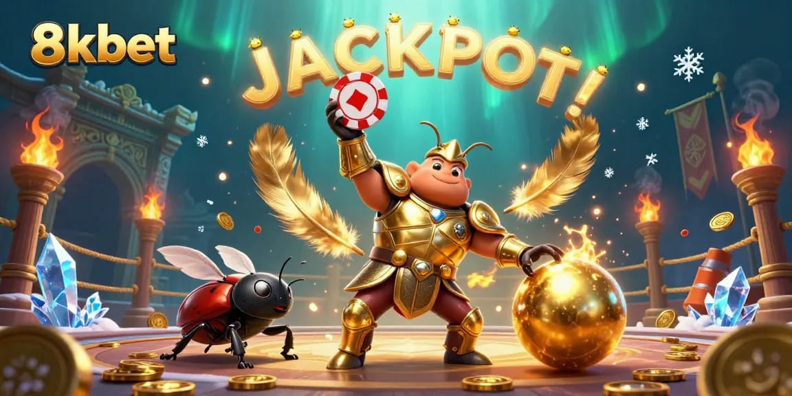 Experience the thrill of 8xbet with a victorious hercules beetle and golden chips in a vibrant casino scene.
