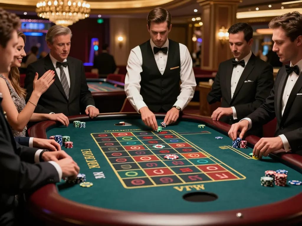 va88 players engaging strategically at a roulette table, vibrant casino atmosphere with chips and excitement