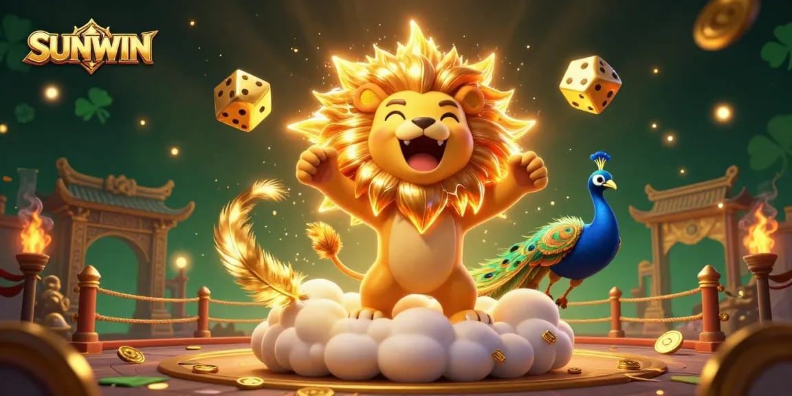 SUNWIN showcases a vibrant casino scene with a roaring lion, golden dice, and dynamic game elements.