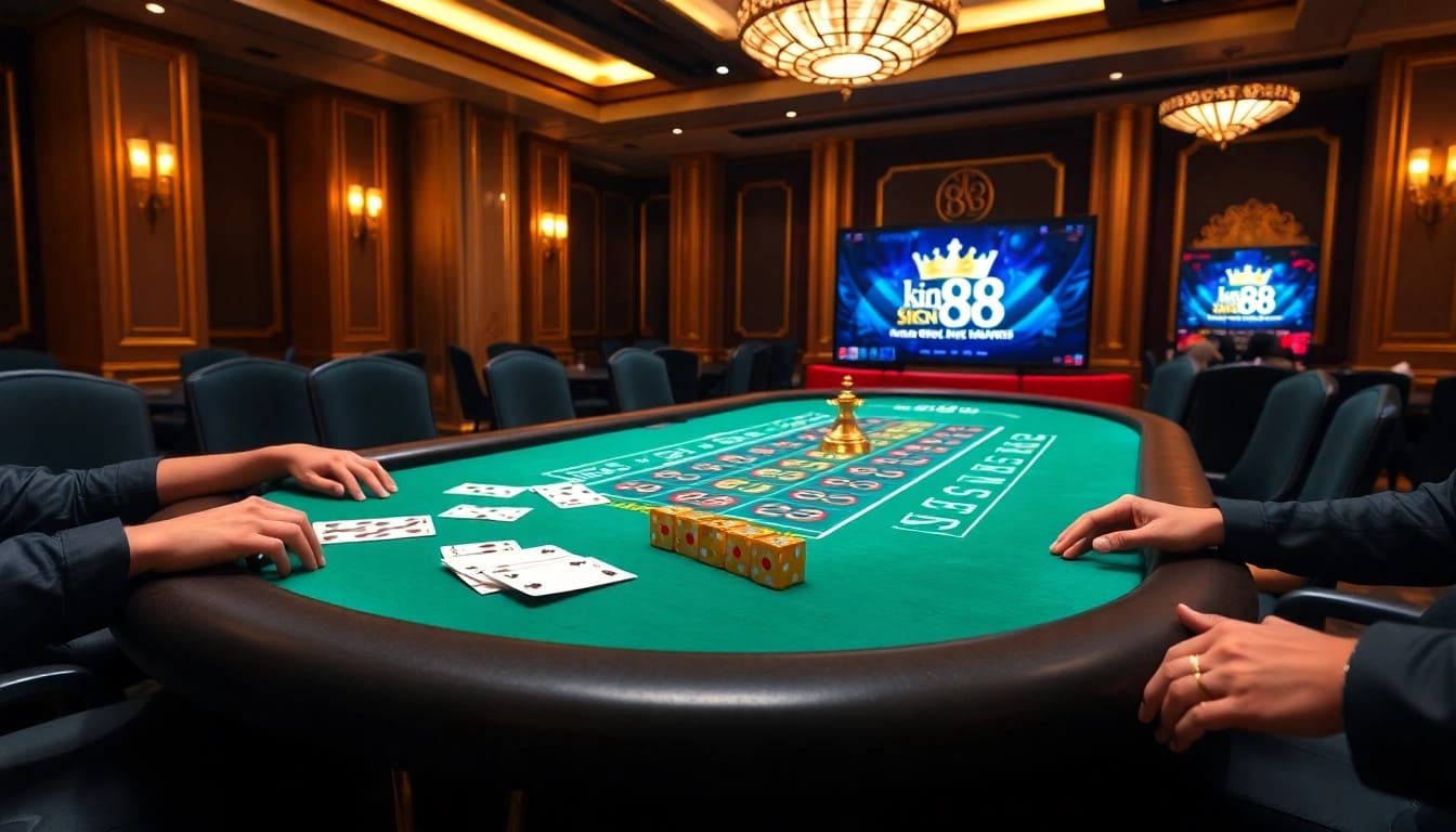 A dynamic casino scene with players enjoying games at king 88's luxurious tables and equipment.