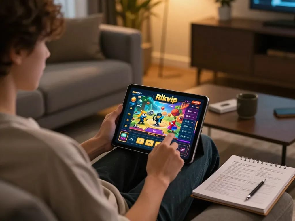 Player engaging on the Rikvip platform with a tablet in a cozy home setting.