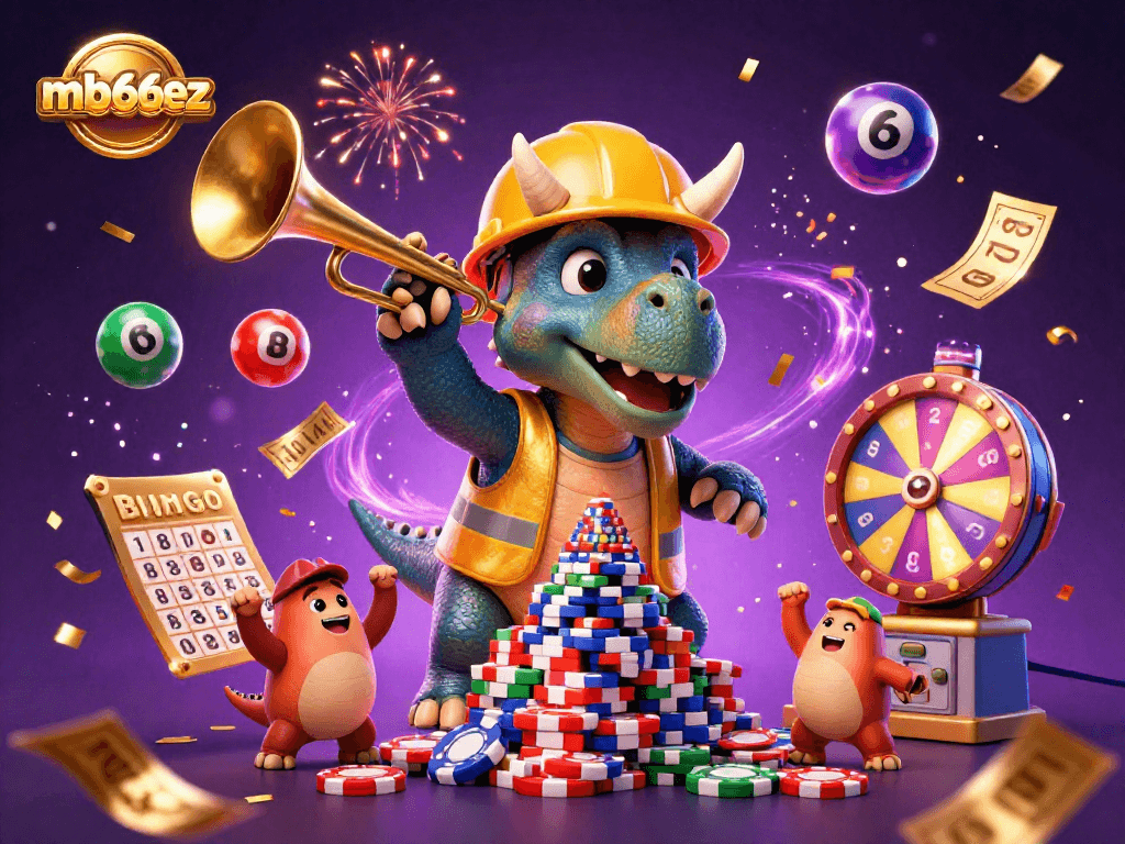 Cheerful scene celebrating mb66ez with characters building poker chips and dynamic lottery elements.