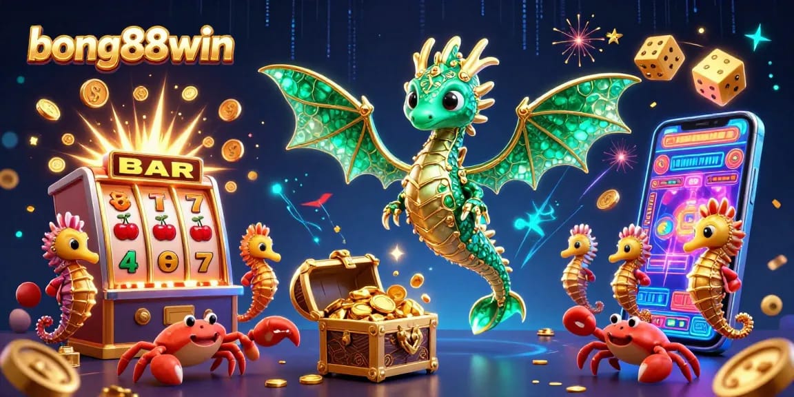 Experience the thrill of winning at bong88win with vibrant casino-themed illustration packed with treasures and games.