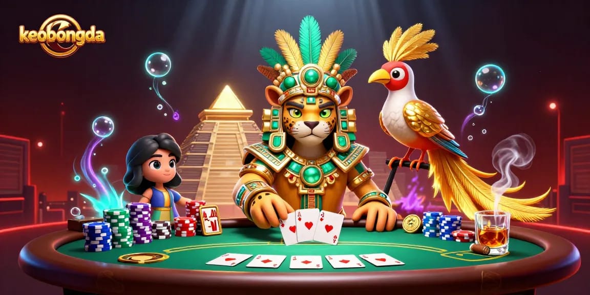 Engage with keobongda in a vibrant poker scene featuring a Mayan jaguar priest and quetzal bird.