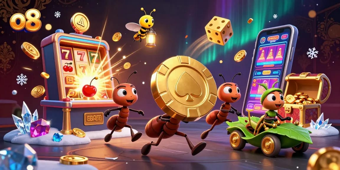 Engage in high-stakes play at O8 as cartoon ants escape with a colossal golden poker chip.
