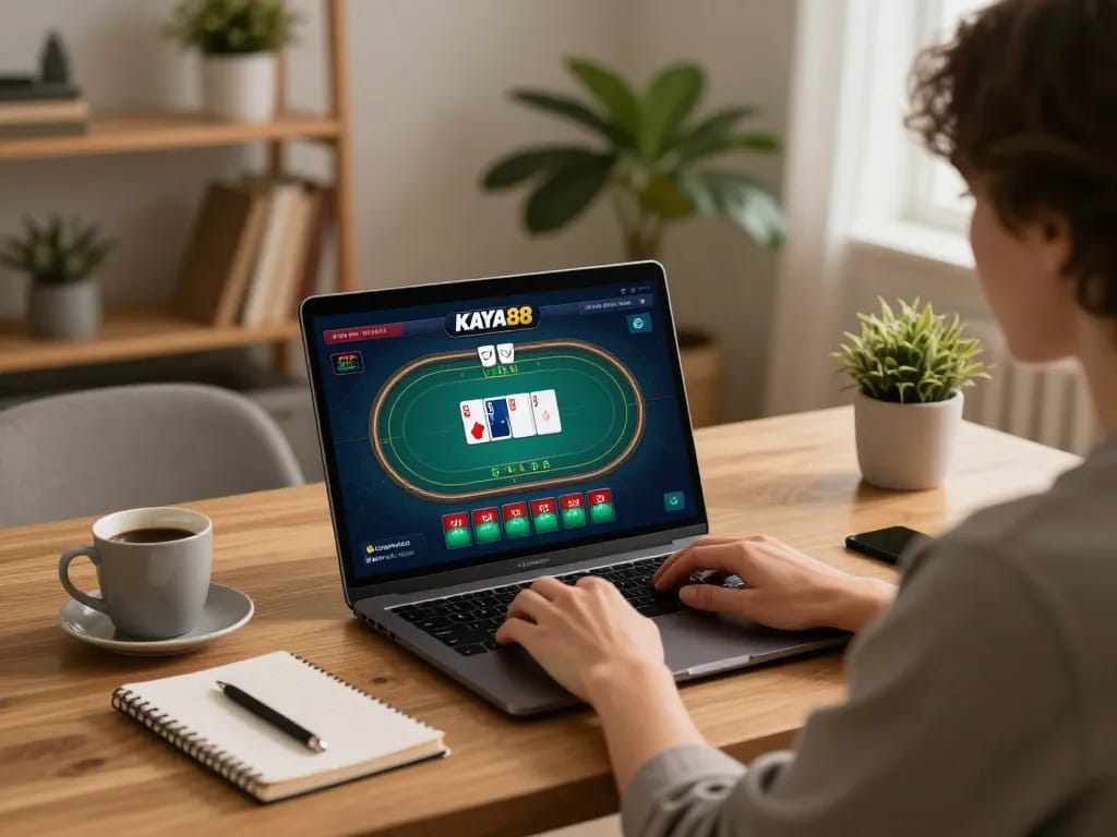 KAYA88 player engaging in online poker from a cozy home office with strategic notes.