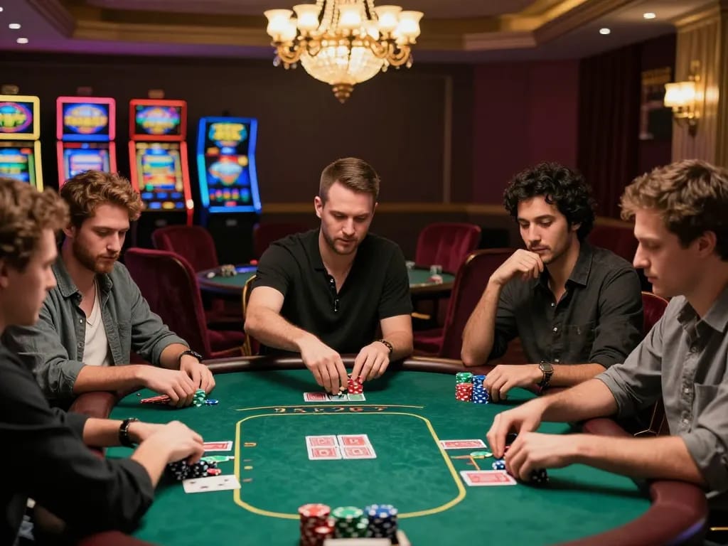 Players engaged in an intense poker game showcasing keonhacai strategies at an elegant casino table.