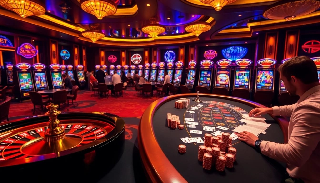 Players enjoying high-stakes games at sunwin casino, featuring roulette and poker tables.