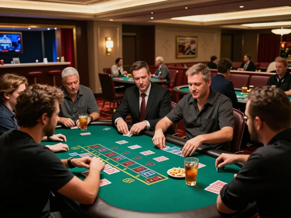 go8 players engaged at an elegant blackjack table, focused on strategy and gameplay in a luxurious casino.