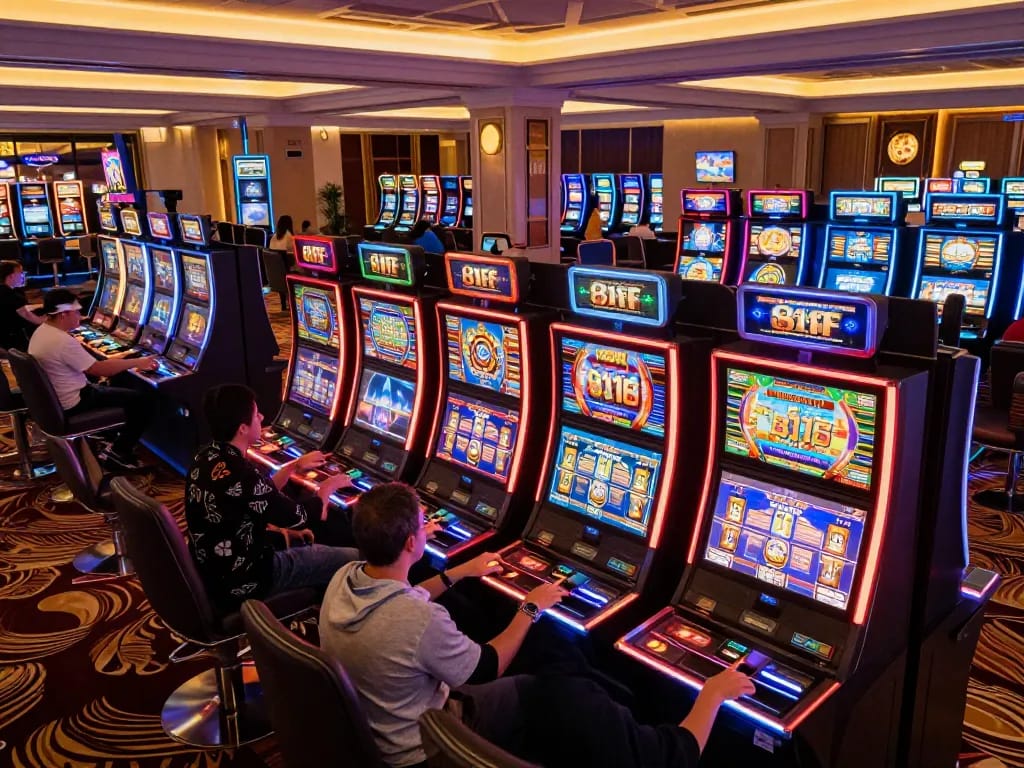 Players enjoying vibrant slot machines at 81FF casino, celebrating their wins and engaging with colorful displays in a lively atmosphere.