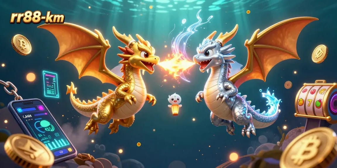 Engage with exciting rr88-km action featuring golden and silver dragons amidst slot reels and crypto coins.