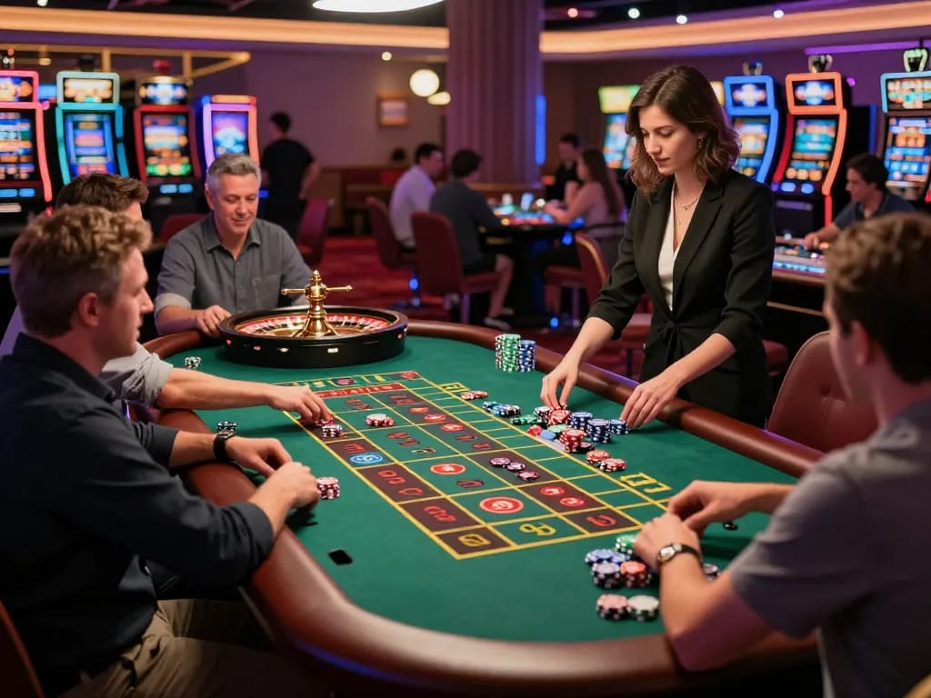 Nohu players engaging at a roulette table, vibrant casino atmosphere, excitement in the air