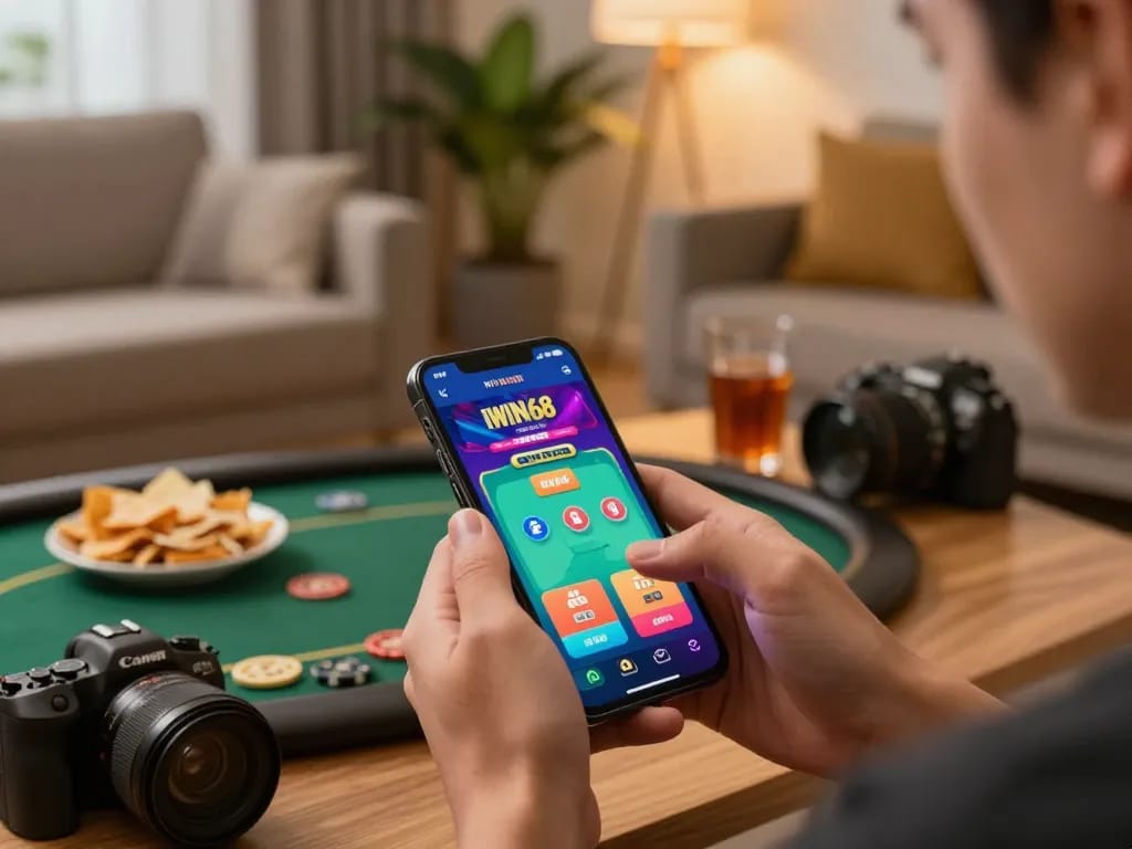 Playing iwin68 on a smartphone, highlighting engaging online gambling strategy with vibrant graphics.