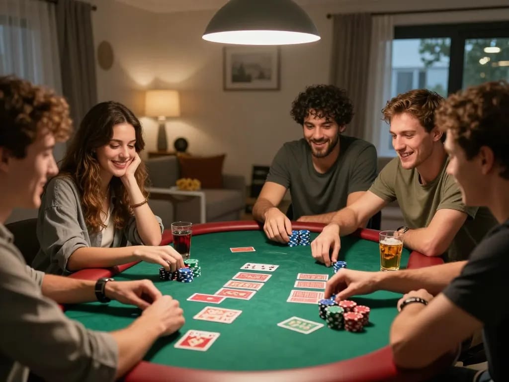 Friends enjoying a poker night, showcasing fun and strategy, highlighting Top nhà cái uy tín.