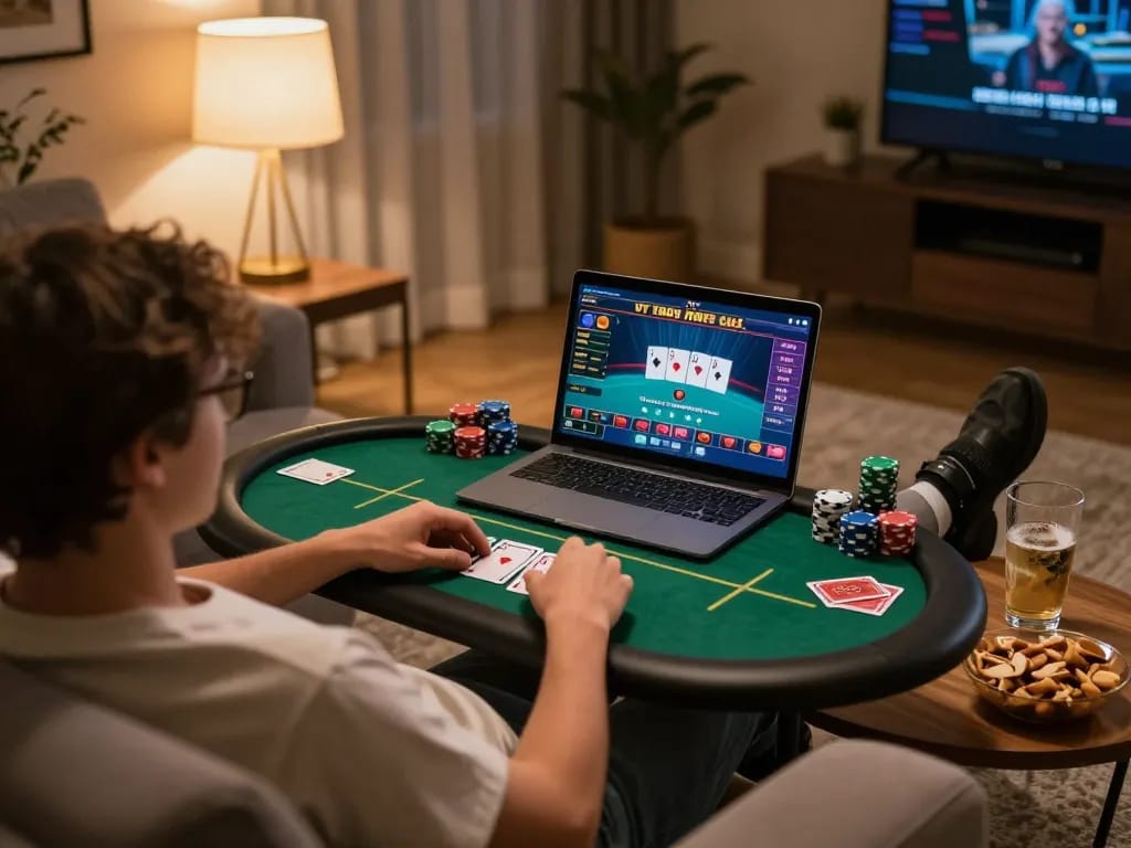 Engaging in an exciting poker game online at 789club on a cozy home setup