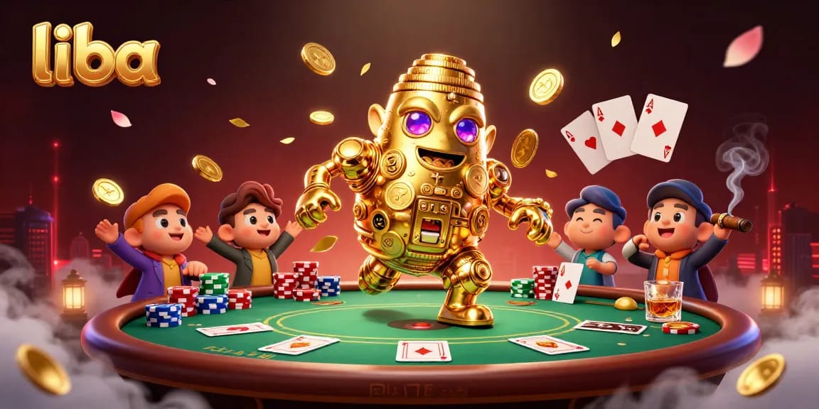 Engage with liba's leading poker scene featuring a golden golem and vibrant poker elements.