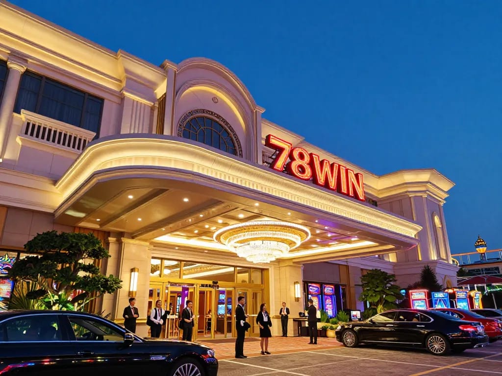 Players excitedly entering 78WIN casino with vibrant neon lights and luxury atmosphere.