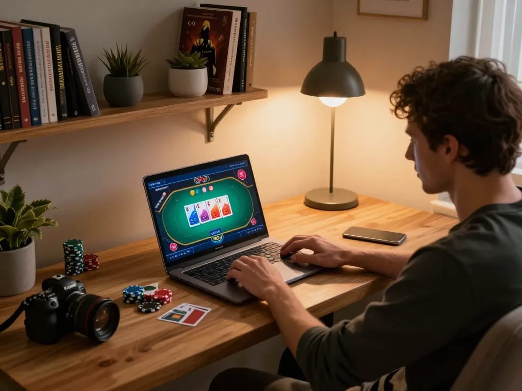 Engaging in online poker gaming at home with hitclub strategy notes visible