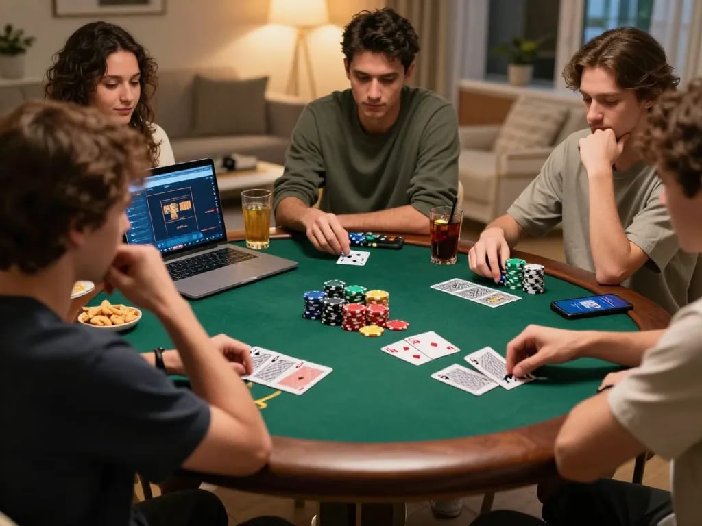Players enjoying a lively home poker game, showcasing nk88-inspired strategies and camaraderie.