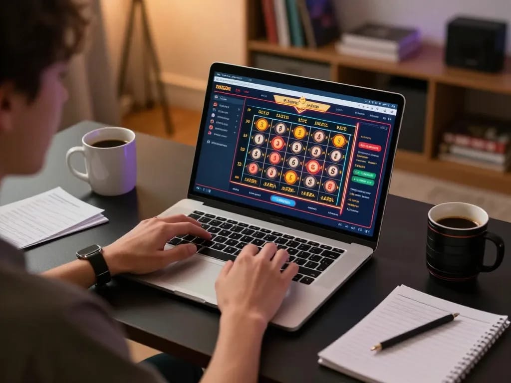 Memainkan slot gacor hari ini secara online dengan pengaturan yang menarik menampilkan catatan strategi dan pencahayaan hangat.