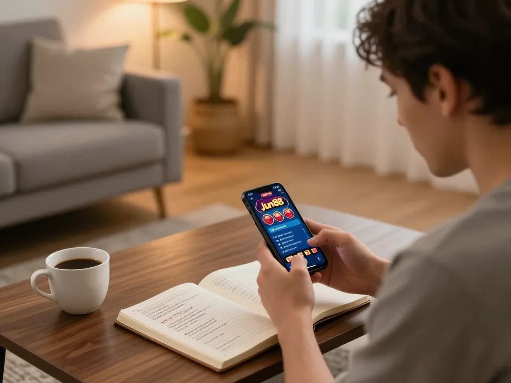 Player engaging with Jun88 mobile casino app, showcasing a responsible gaming environment in a cozy living room.