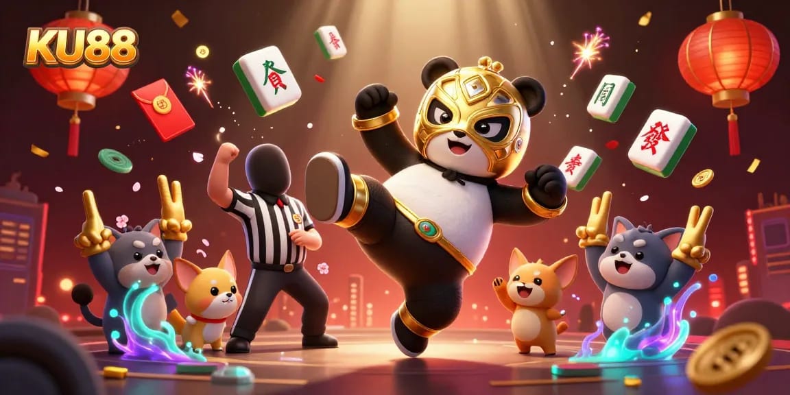 KU88 casino scene featuring an action-packed scene with a panda wrestler, a counting chihuahua, and exciting gambling elements.