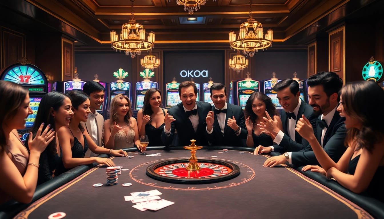 Players enjoying the excitement of a NOHU casino gaming table, surrounded by vibrant slot machines.