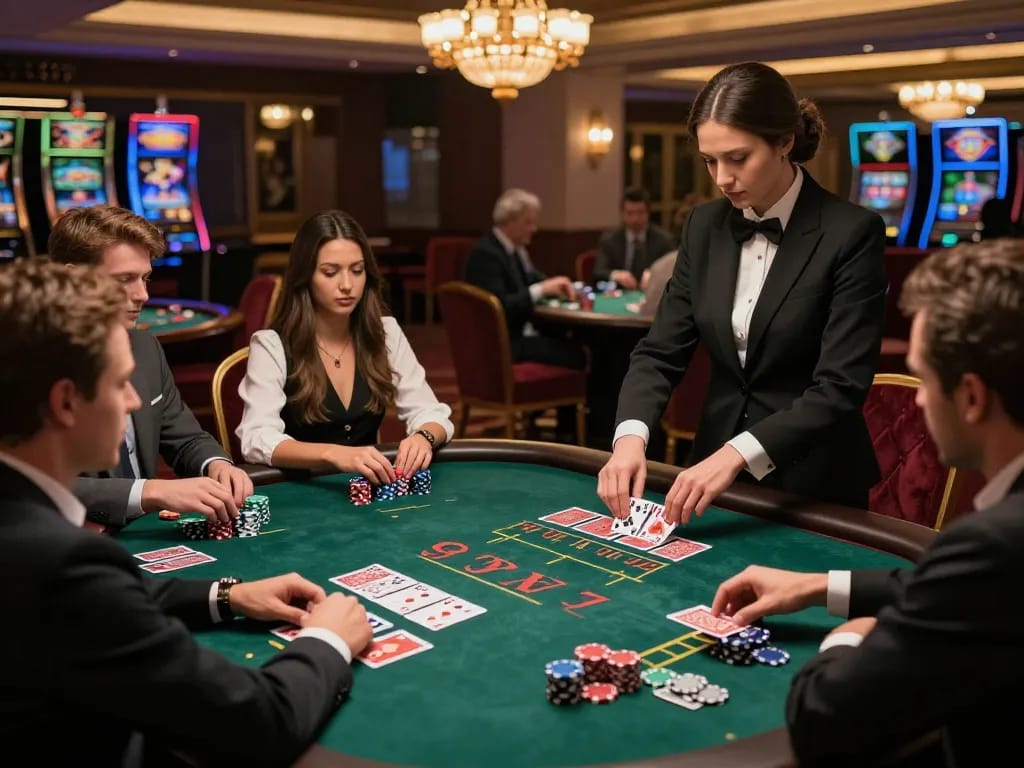 Engaged players at the S88 blackjack table in an upscale casino, celebrating strategic gameplay