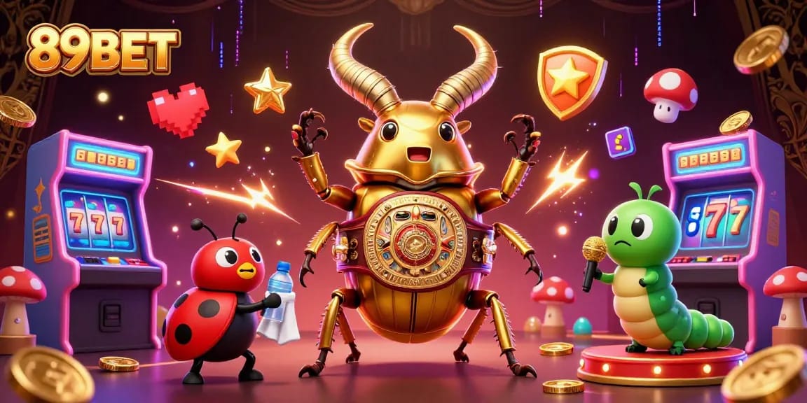 Engage with the vibrant gaming scene of 89BET featuring a giant golden stag beetle and dynamic arcade elements.