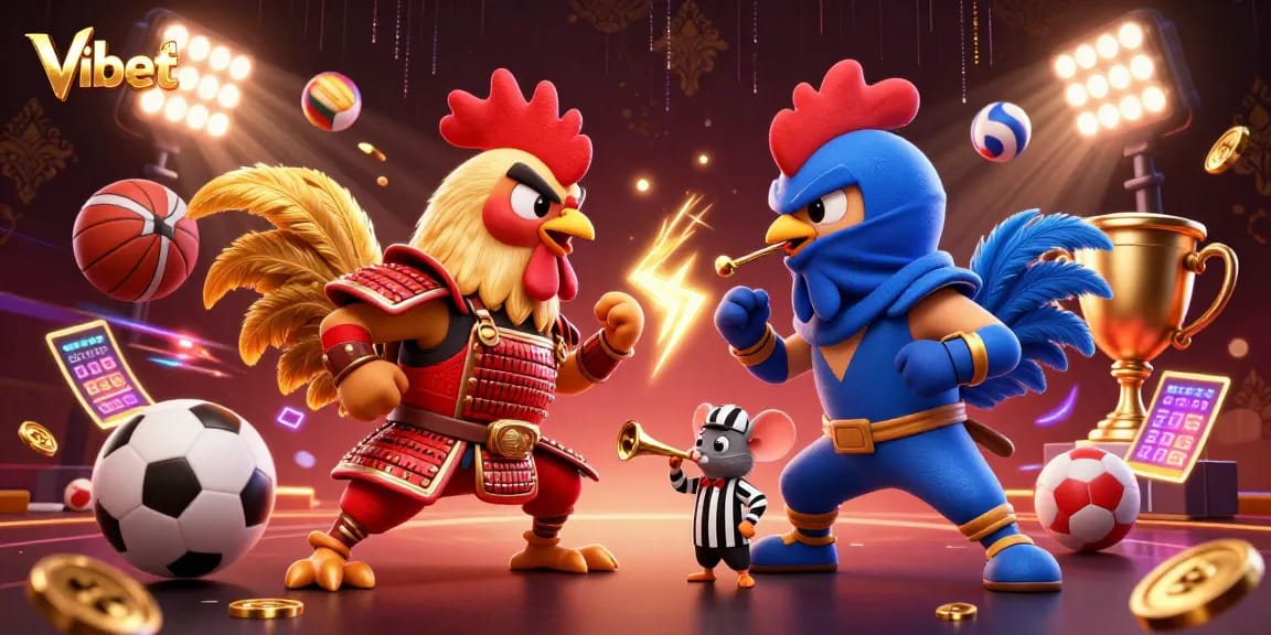Vibet casino cartoon featuring fighting roosters in an intense gaming showdown.