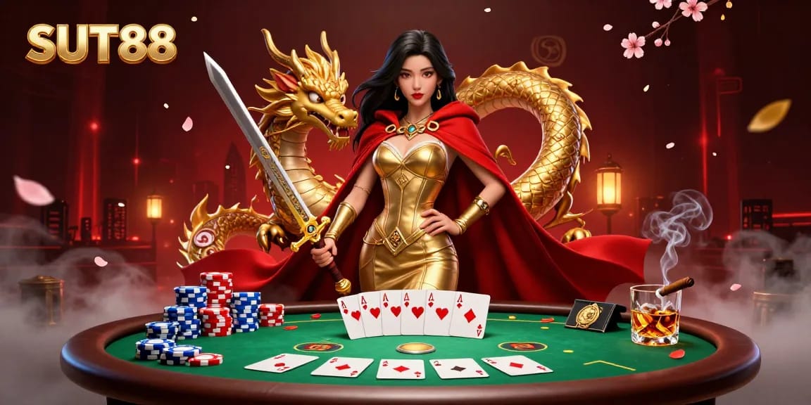 SUT88 showcases a powerful Asian warrior queen amidst poker action, shining with vibrant game elements.