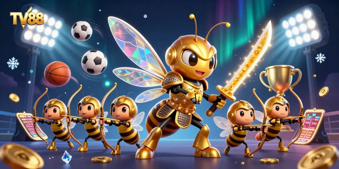 TV88 showcases a vibrant 3D illustration involving a golden hornet and bee archers amidst dynamic gambling elements.