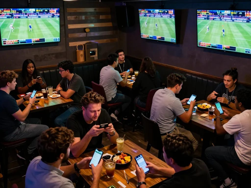 Engaged sports bettors using the Bsport app in a vibrant sports bar atmosphere.