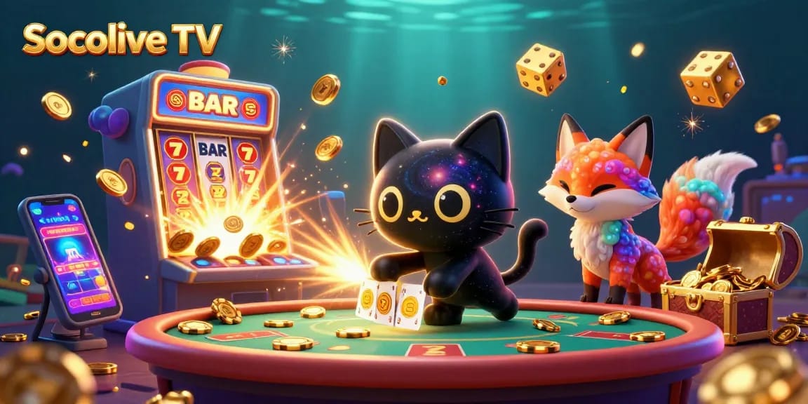 Socolive TV showcases a cosmic casino scene where a black hole cat pulls in chips and cards amidst a jackpot explosion.