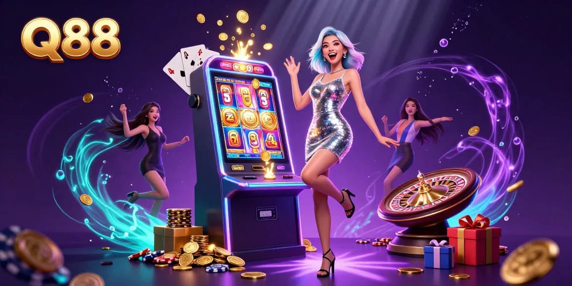 Q88 slot machine jackpot with a vibrant celebration featuring a cheerful woman and casino elements.