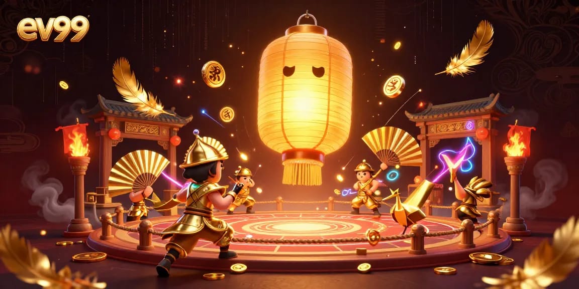 Engage in thrilling betting at ev99 with golden lantern spirit and paper fan warriors in a vibrant casino scene.