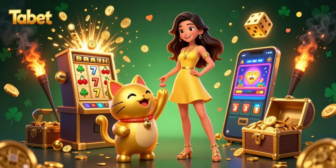 Experience Tabet's vibrant online casino atmosphere with a joyful Asian woman and lucky cat mascot, surrounded by jackpot excitement.