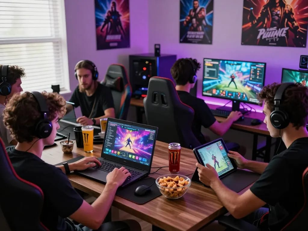 Players enjoying immersive porn games on multiple devices in a vibrant gaming room.