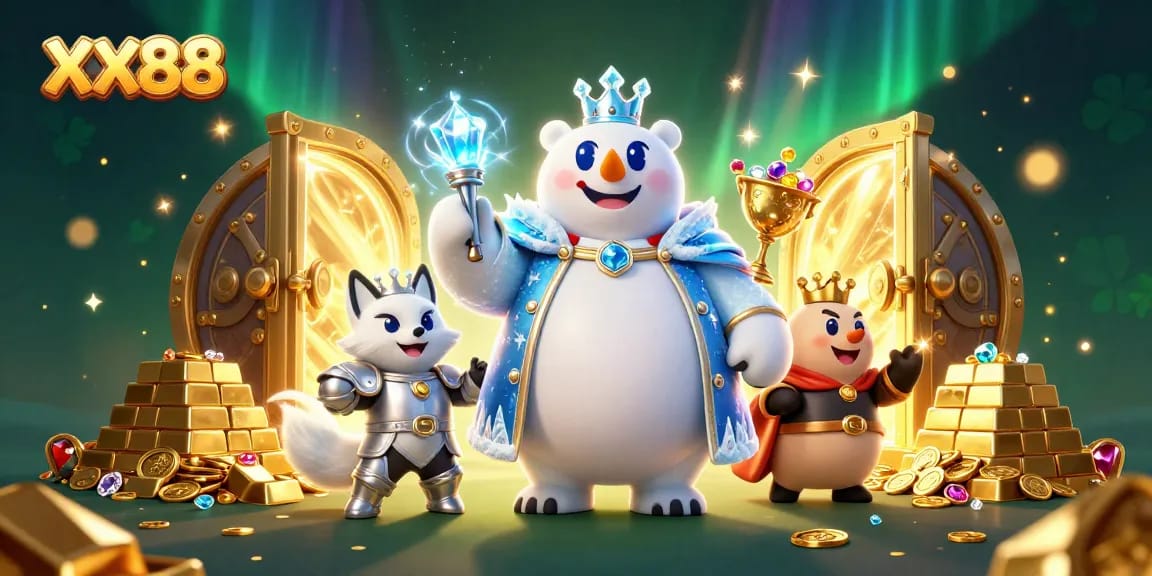 Win big at XX88 with a captivating scene featuring a polar bear king and treasures of gold and gems.