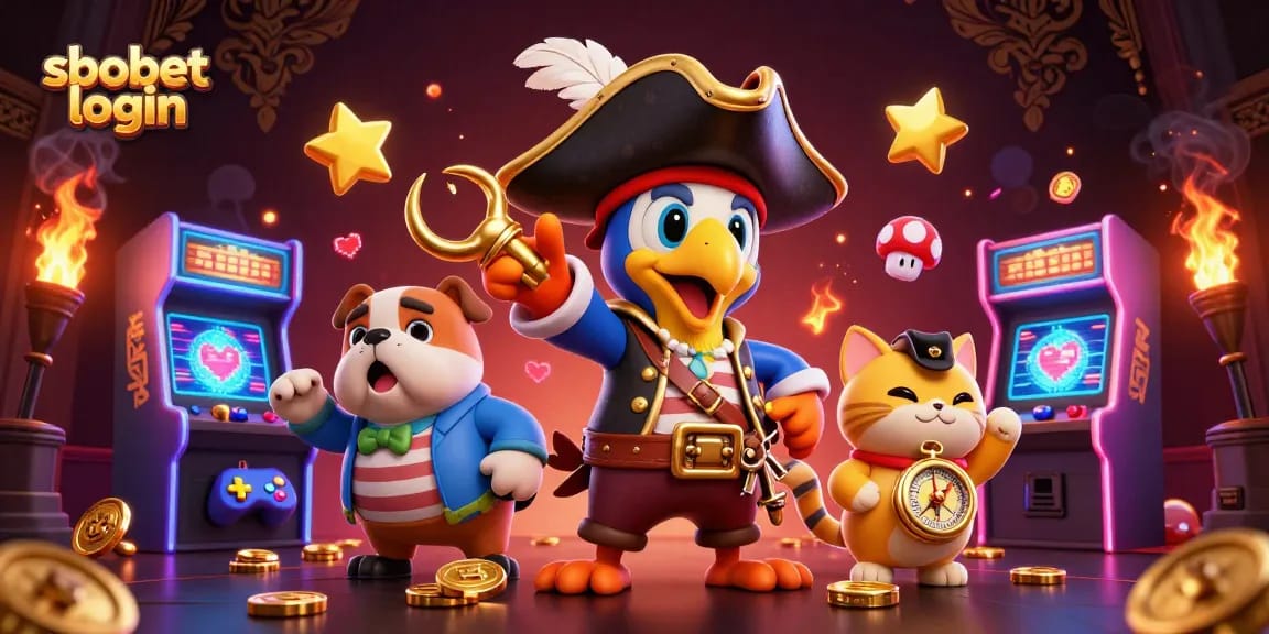 Engage with sbobet login featuring a pirate captain, bulldog, and cat in a vibrant casino scene.
