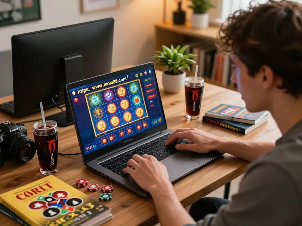 Engaged player on https://www.mnm88.com/ utilizing laptop for online casino gaming with strategy notes.