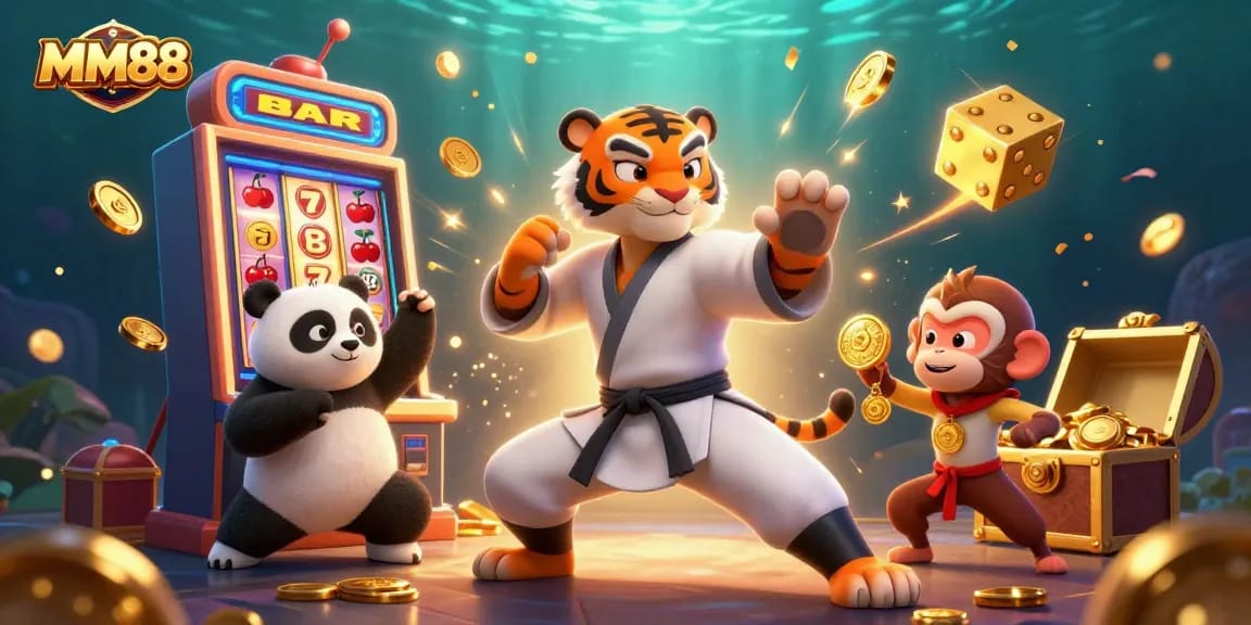 Experience the thrill of MM88 with a lively 3D scene featuring characters in a dynamic casino atmosphere.