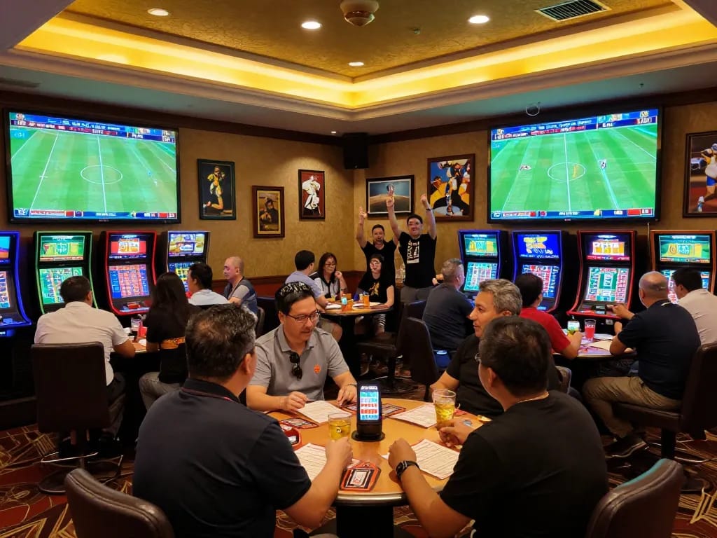 Kèo Nhà Cái Hôm Nay features a lively sports betting scene with enthusiastic bettors watching live football matches.