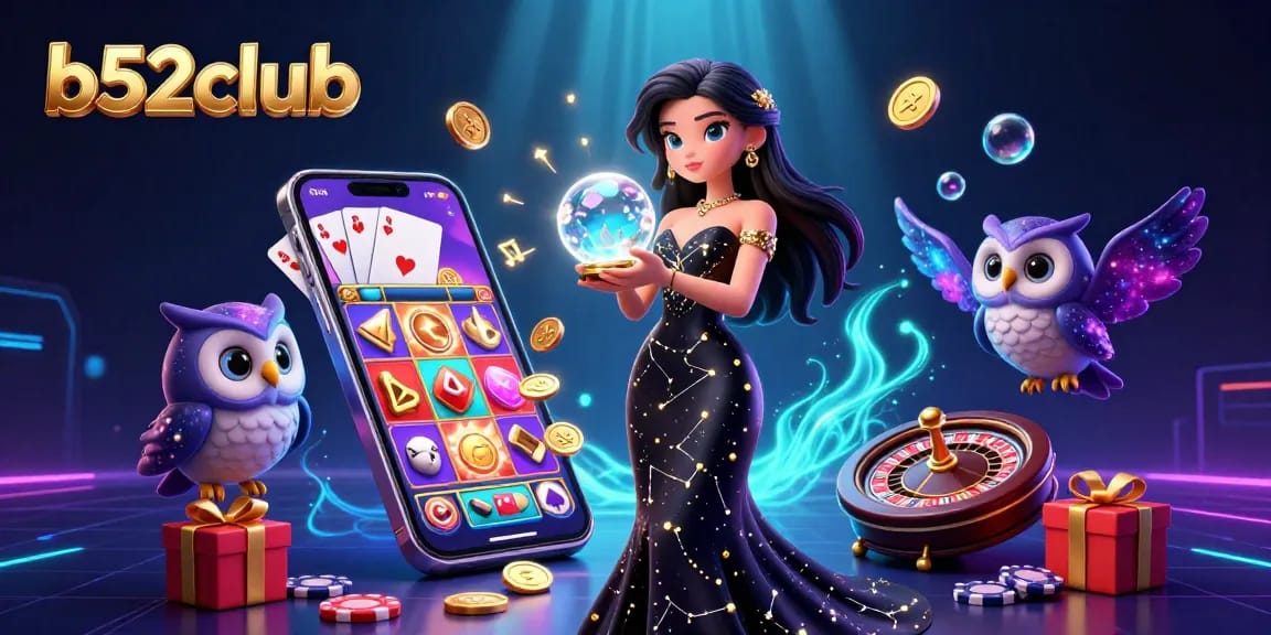 Engage with the b52club slots experience featuring a mystical casino scene with vibrant game elements.