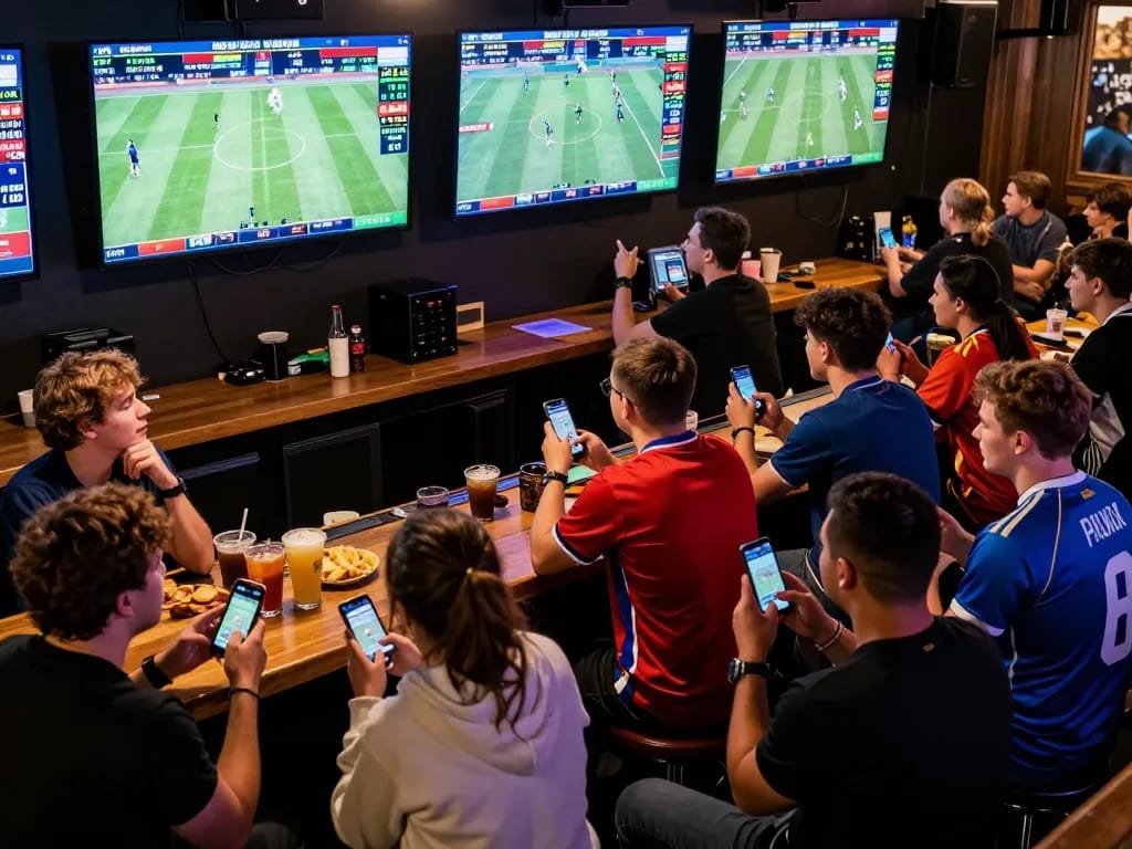 Sports fans engaging in live betting at 8xbet while watching multiple screens during a thrilling match.