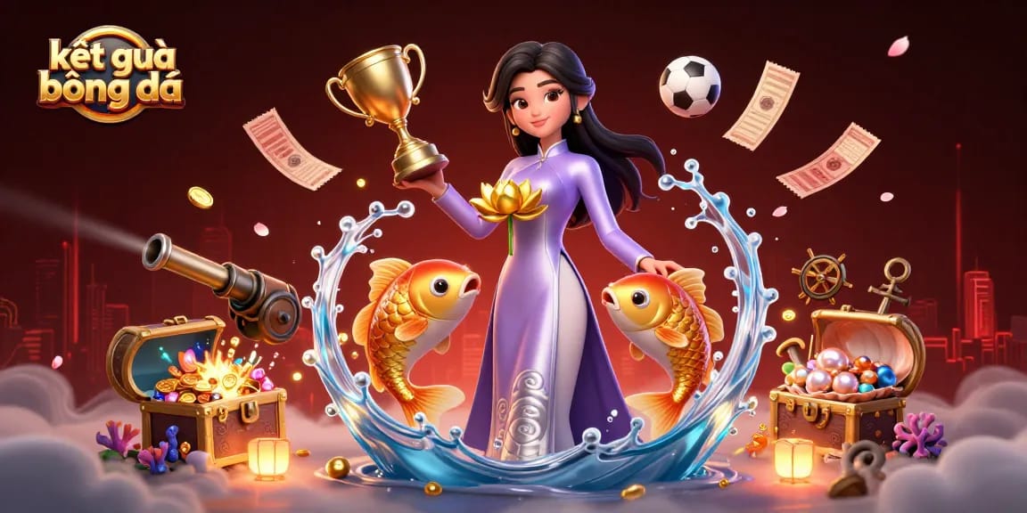Engaging illustration depicting kết quả bóng đá with Asian woman, koi fish, and sports betting elements in a lively underwater setting.
