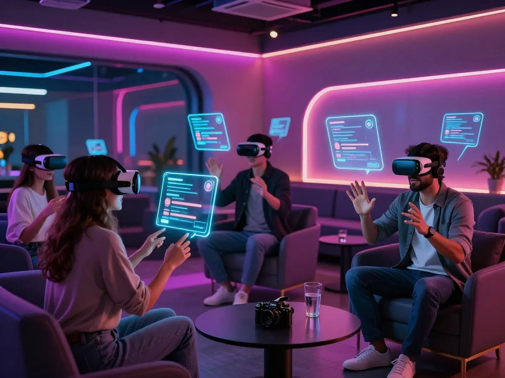 Engaging ai porn chat scene with users and interactive AI avatars in a vibrant virtual lounge