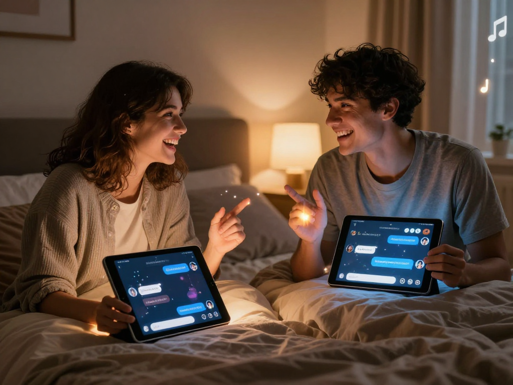 Couple enjoying ai chat porn in a cozy bedroom with sleek devices.