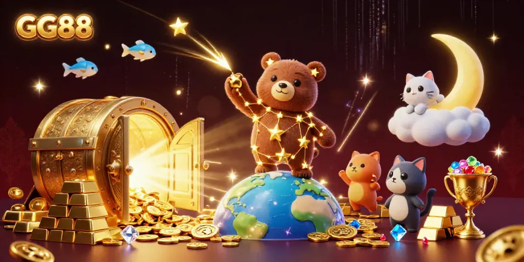 Engage in thrilling gaming with GG88 as constellation characters scoop coins amid riches.