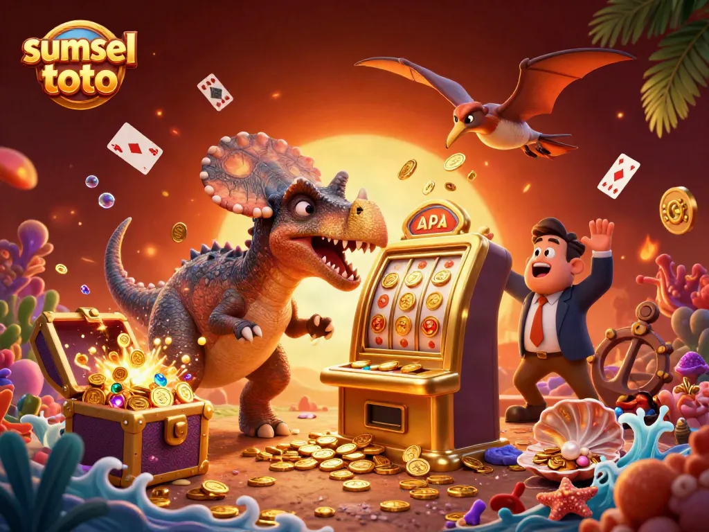 Experience thrilling wins with sumsel toto, featuring a pachycephalosaurus and a golden slot machine!